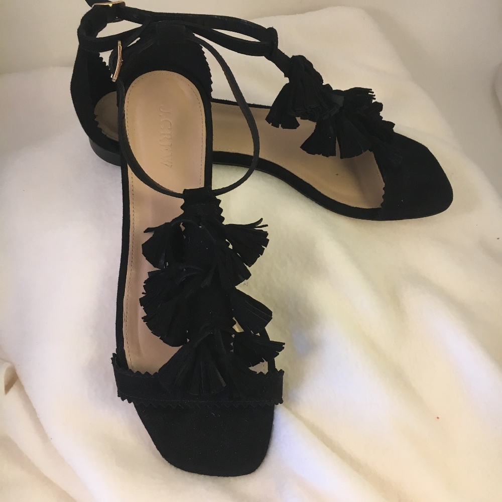 J Crew Tassel Black Suede Sandals 8-1/2 Excellent!